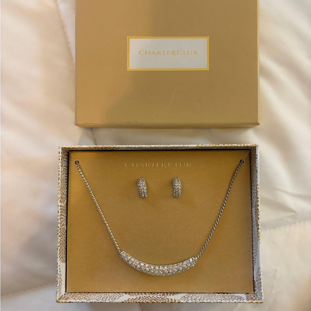 Charter Club Silver Crystal Pavé Curved Bar Necklace with Huggie Earrings